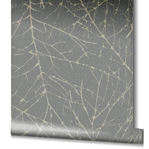 Szara tapeta winylowa z motywem lasu beżowo-srebrne gałęzie